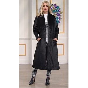 Wendy Williams Black Long Line Faux Fur Duffle Coat Fitted Sleeves EUC Size XS